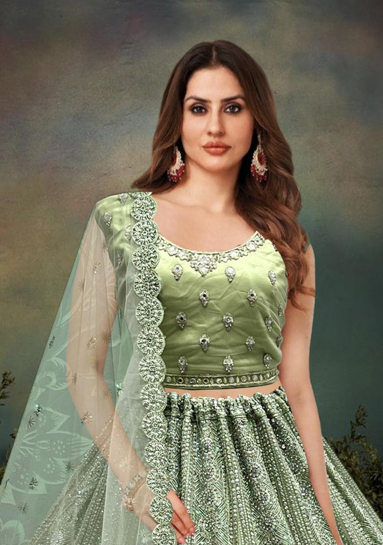 Pista Green Embroidered Net Lehenga Set