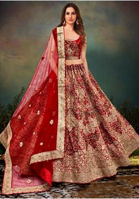 Red Zari Work Silk Lehenga Set