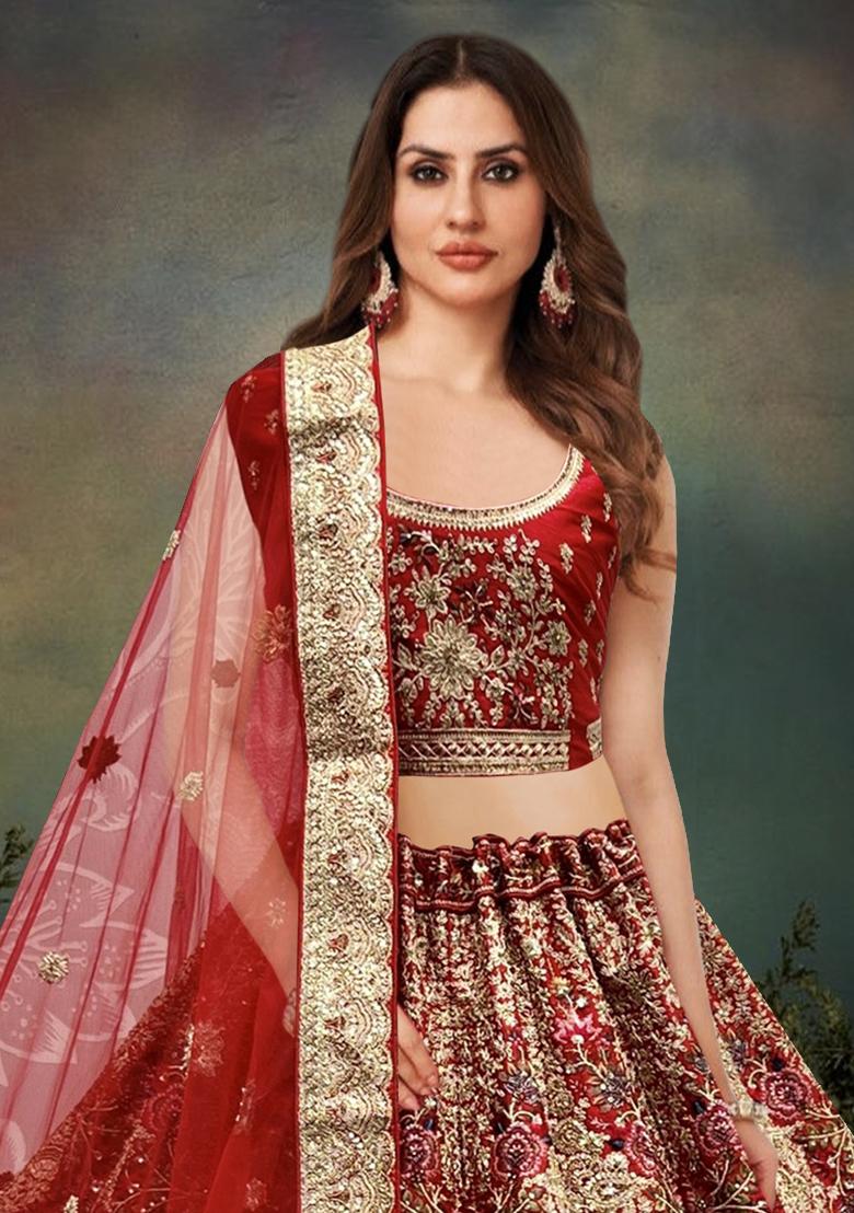 Red Zari Work Silk Lehenga Set