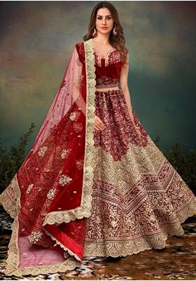 Maroon Zari Work Velvet Lehenga Set