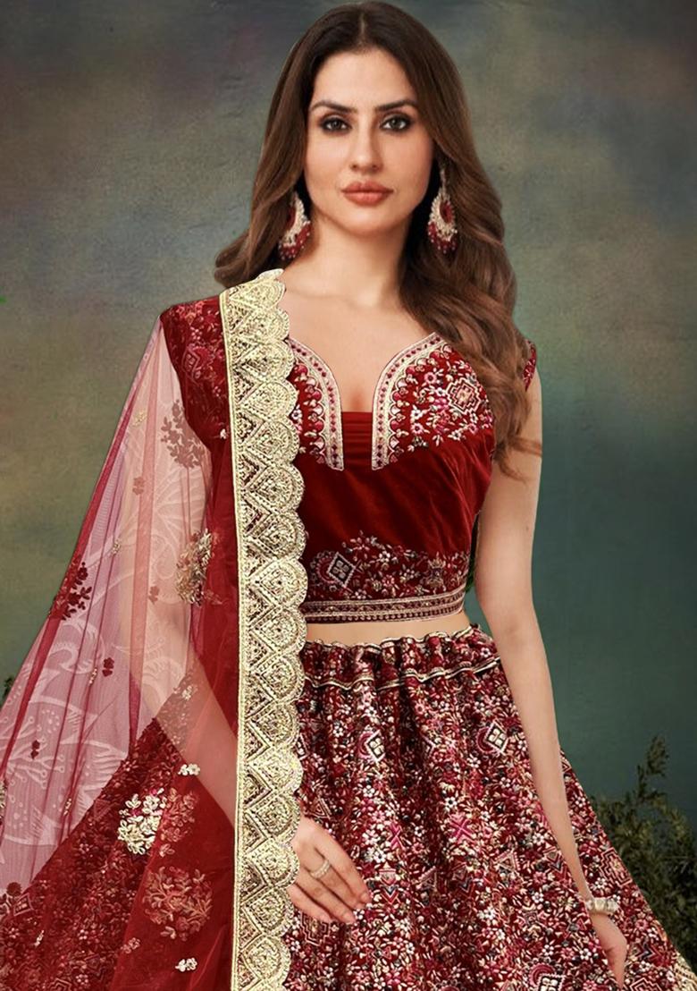 Maroon Zari Work Velvet Lehenga Set