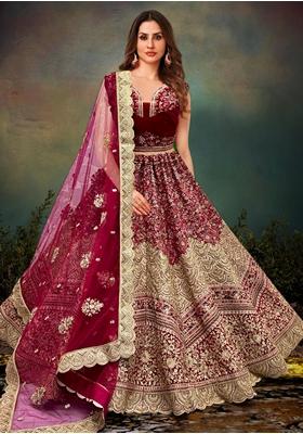 Wine Zari Work Velvet Lehenga Set