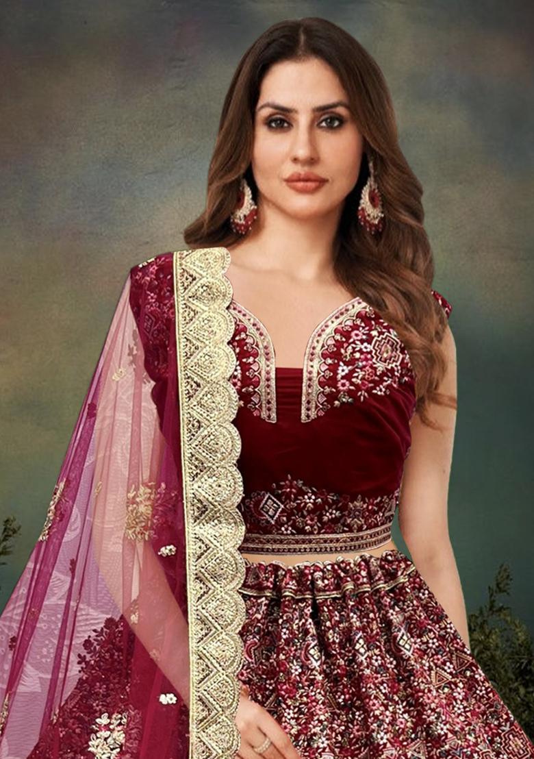 Wine Zari Work Velvet Lehenga Set