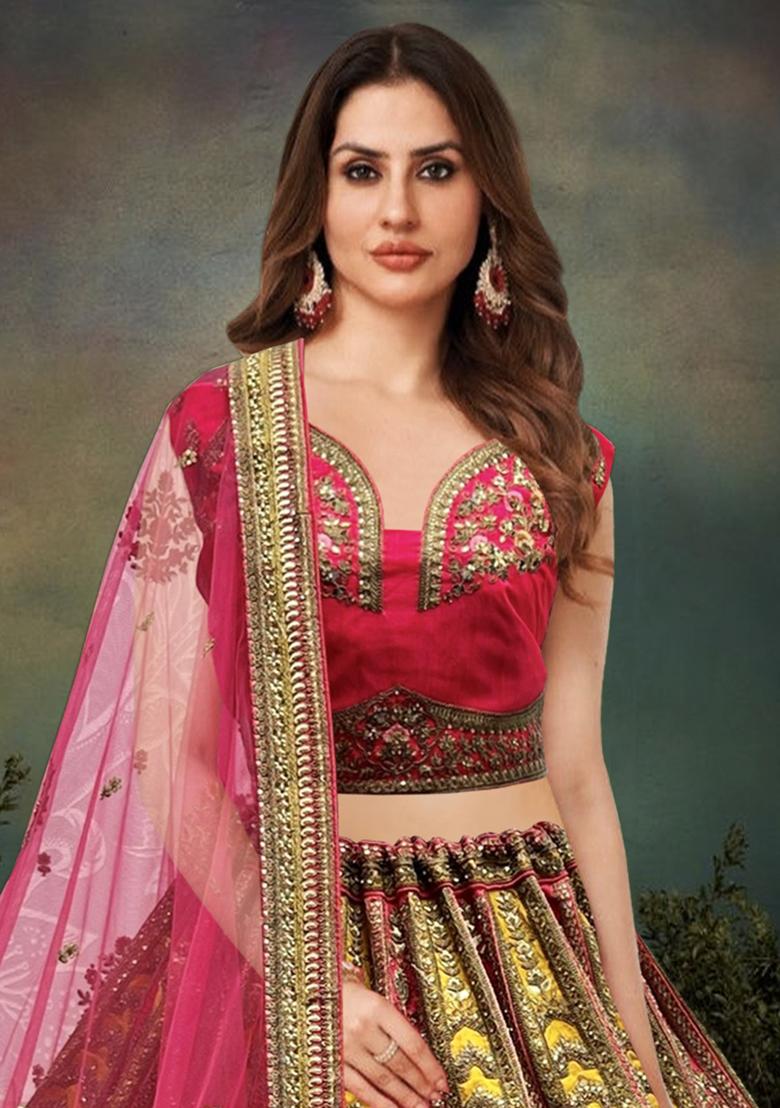 Yellow Zari Work Silk Lehenga Set
