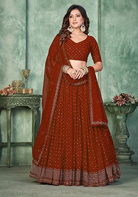 Maroon Embroidererd Georgette Lehenga Set With Dupatta