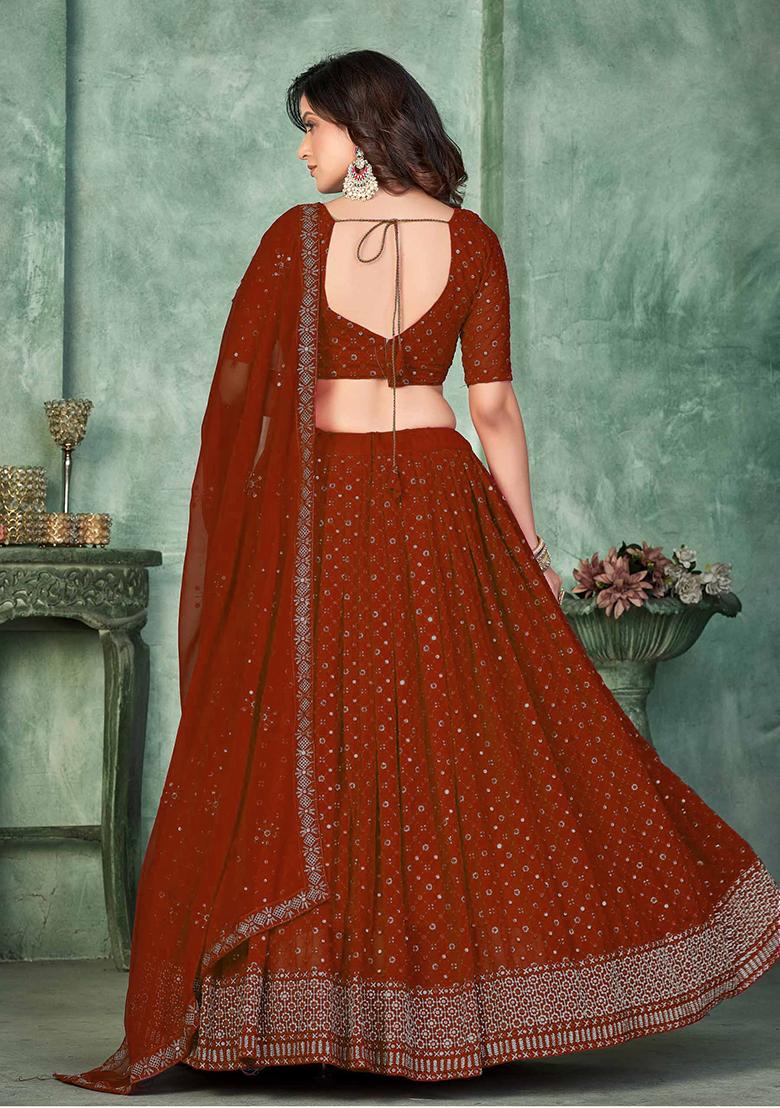 Maroon Embroidererd Georgette Lehenga Set With Dupatta