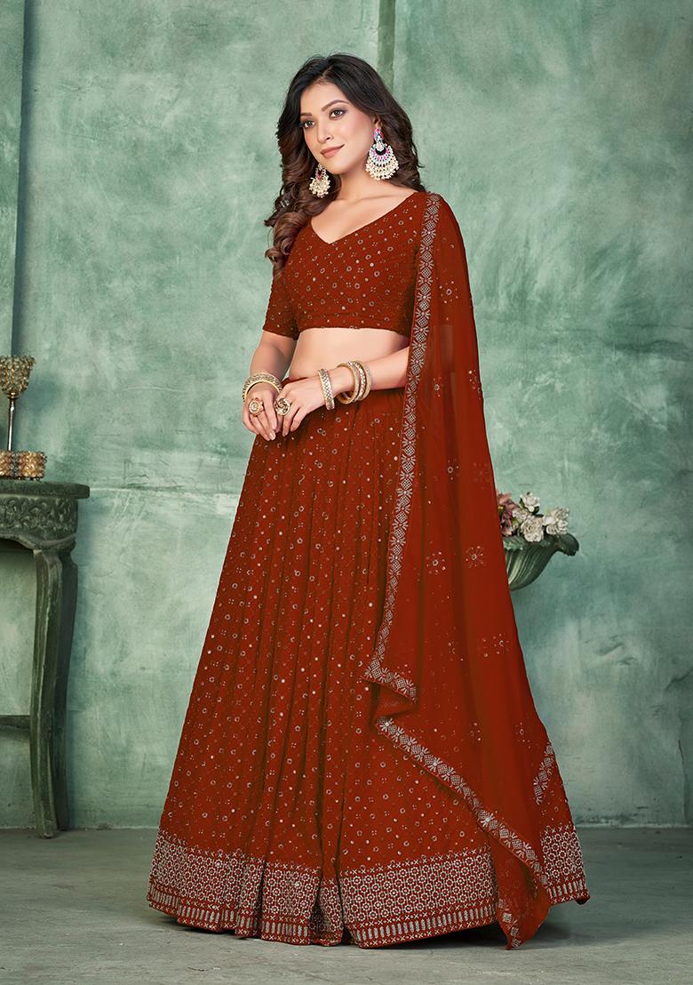 Maroon Embroidererd Georgette Lehenga Set With Dupatta