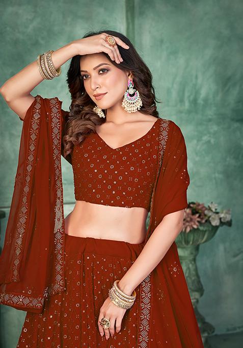 Maroon Embroidererd Georgette Lehenga Set With Dupatta