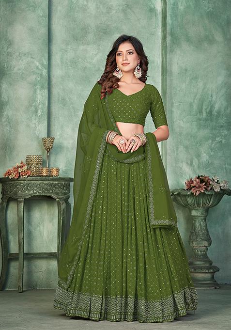 Mehendi Green Embroidererd Georgette Lehenga Set With Dupatta