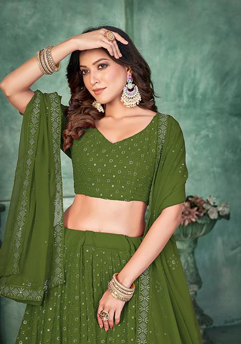 Mehendi Green Embroidererd Georgette Lehenga Set With Dupatta