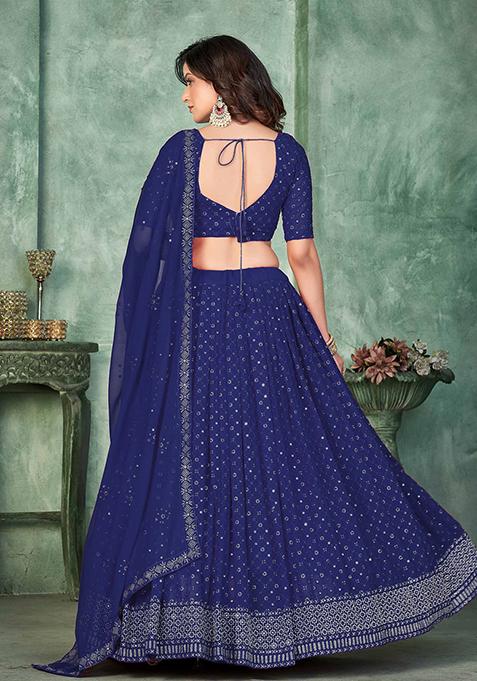 Navy Blue Embroidererd Georgette Lehenga Set With Dupatta