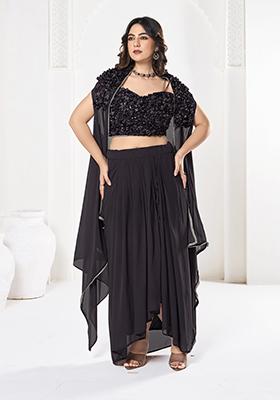 Black Self Design Silk Flower Lehenga Set With Dupatta