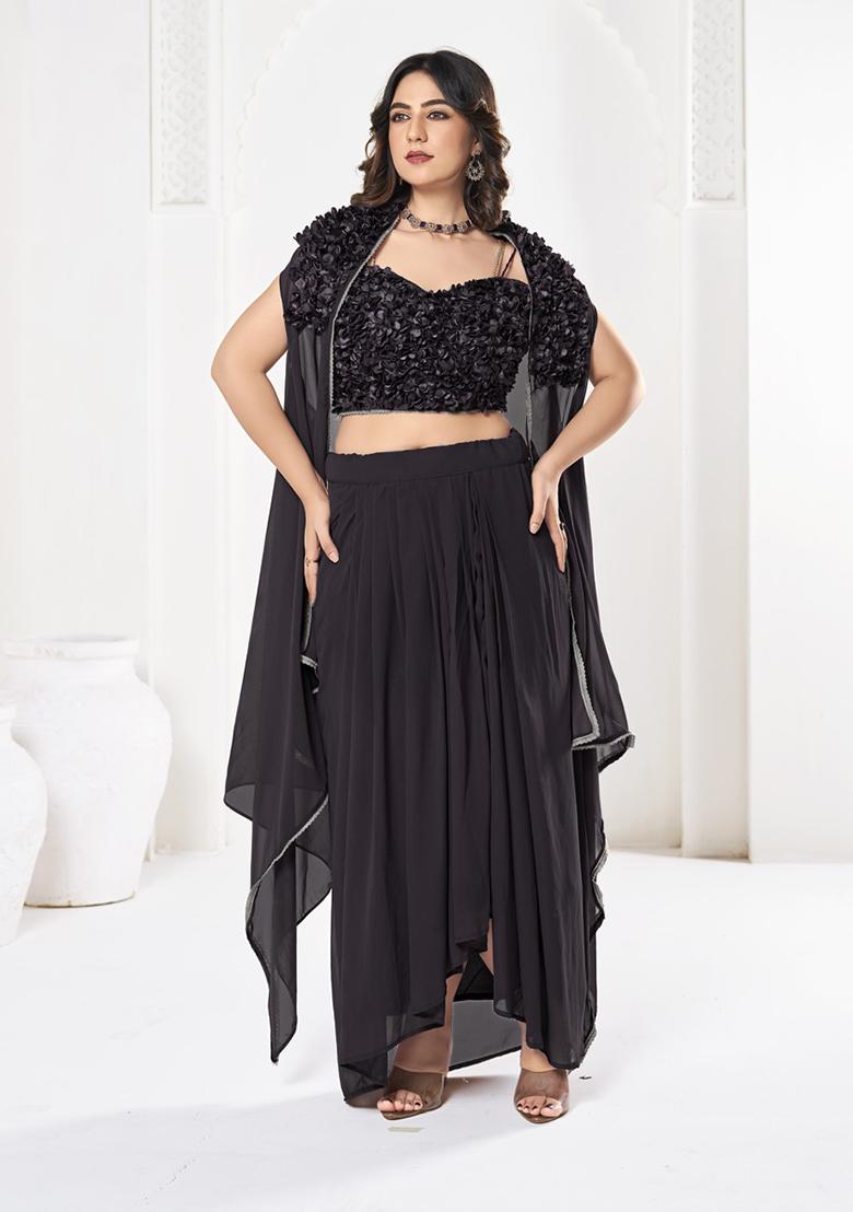 Black Self Design Silk Flower Lehenga Set With Dupatta