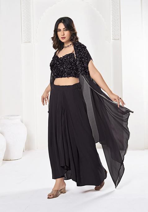 Black Self Design Silk Flower Lehenga Set With Dupatta