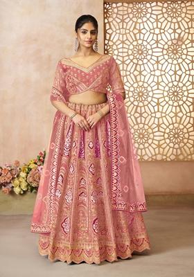 Pink Aari Work Banarasi Silk Lehenga Set