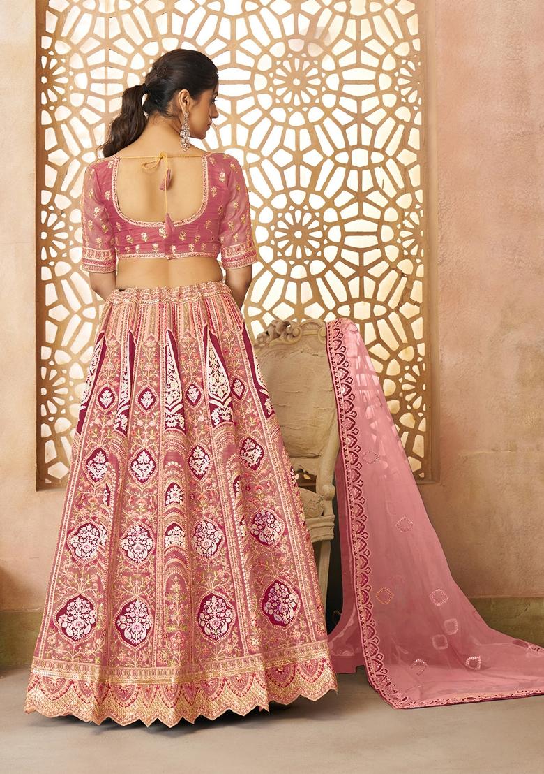 Pink Aari Work Banarasi Silk Lehenga Set