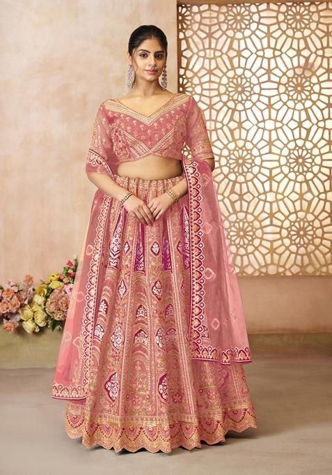 Pink Aari Work Banarasi Silk Lehenga Set