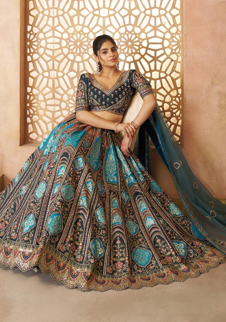 Blue Aari Work Banarasi Silk Lehenga Set