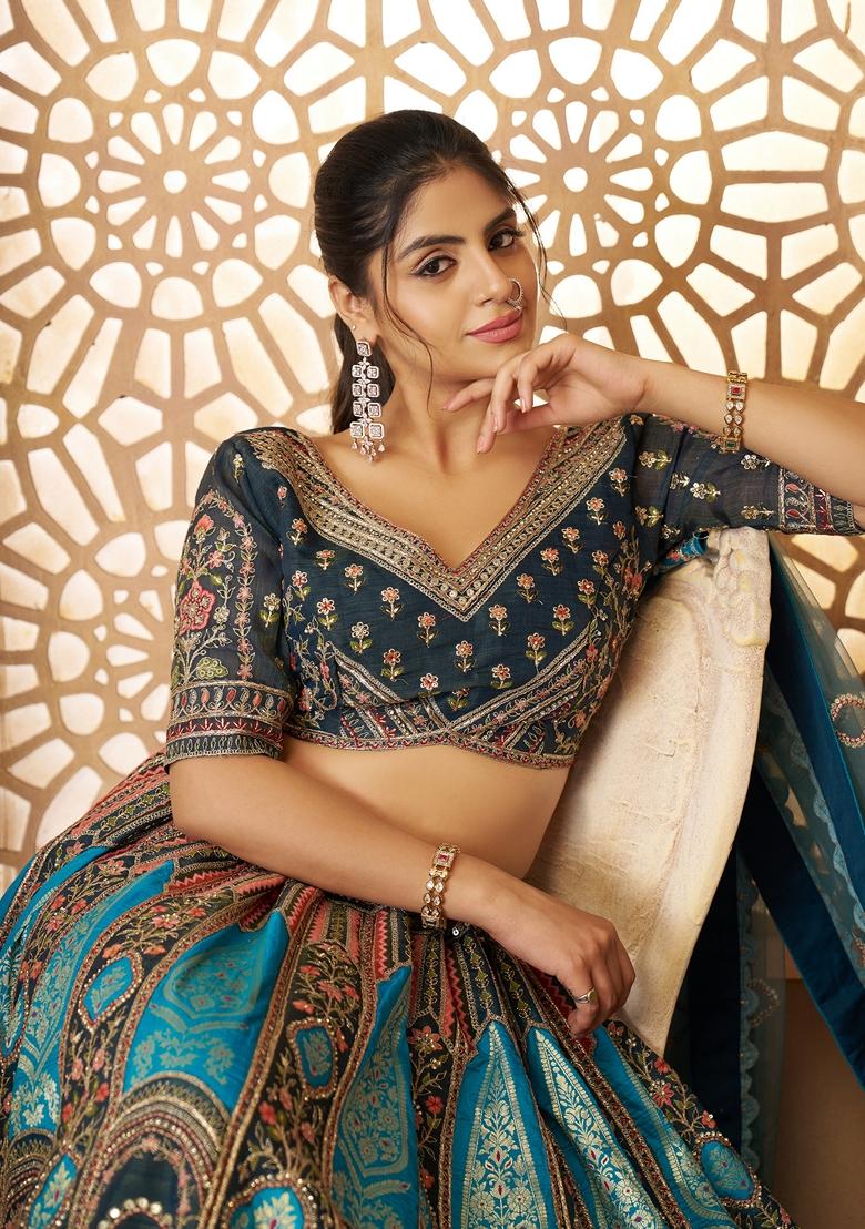 Blue Aari Work Banarasi Silk Lehenga Set