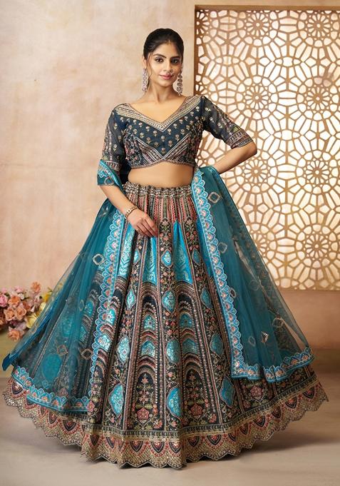 Blue Aari Work Banarasi Silk Lehenga Set