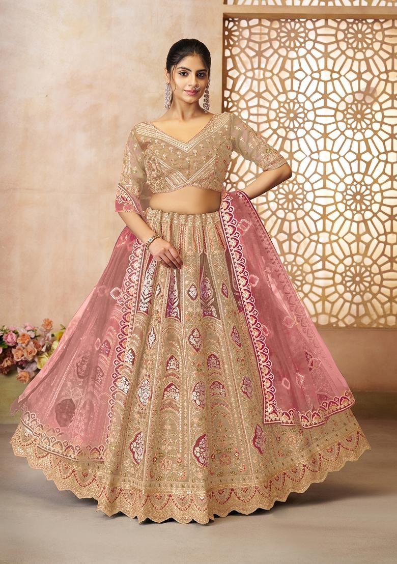 Chiku Brown Aari Work Banarasi Silk Lehenga Set