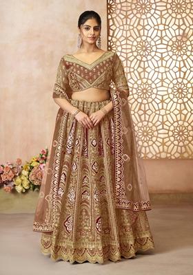 Coffee Brown Aari Work Banarasi Silk Lehenga Set