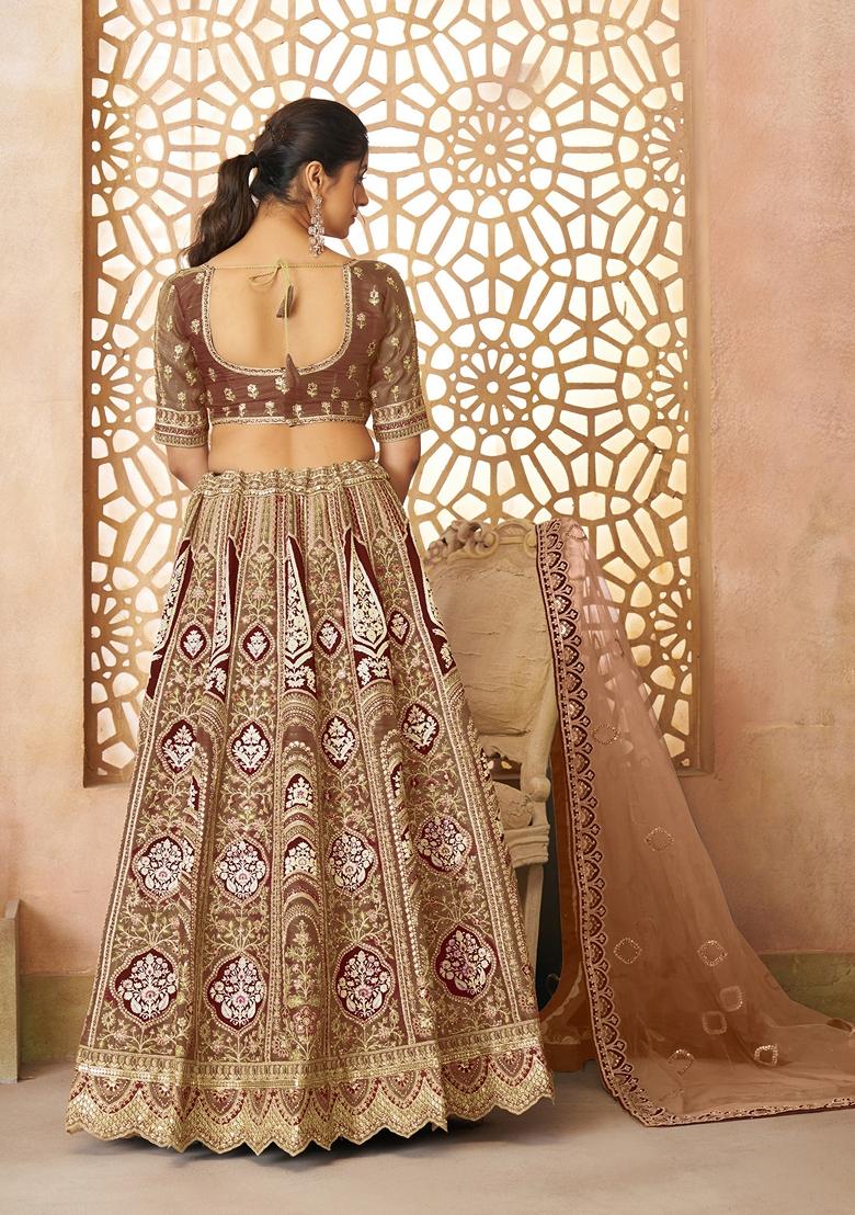 Coffee Brown Aari Work Banarasi Silk Lehenga Set