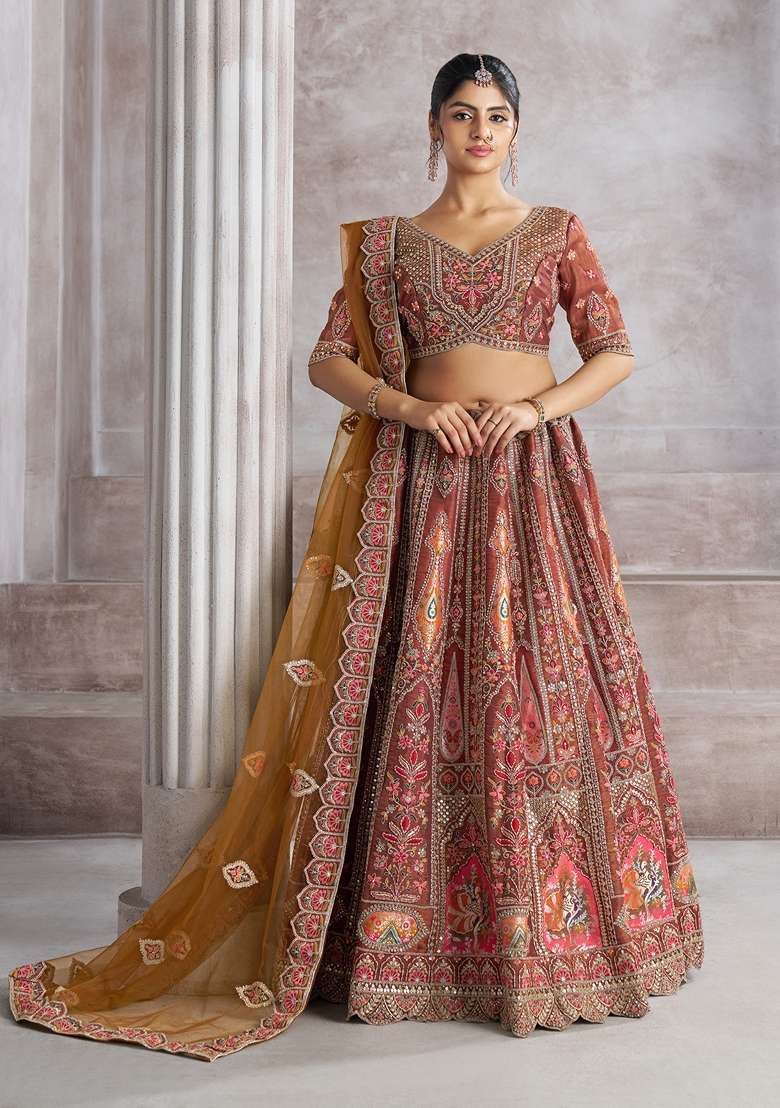 Coffee Brown Sequin Work Banarasi Silk Lehenga Set - Indya