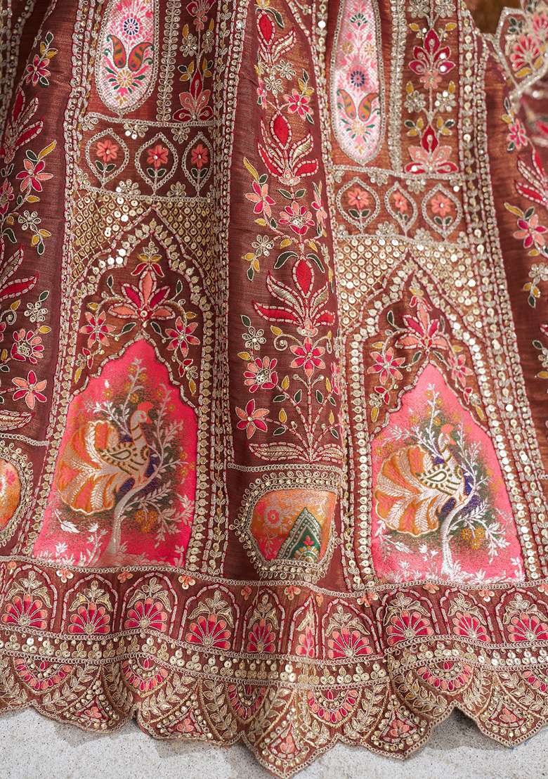Coffee Brown Sequin Work Banarasi Silk Lehenga Set - Indya