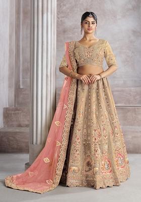 Chiku Brown Sequin Work Banarasi Silk Lehenga Set