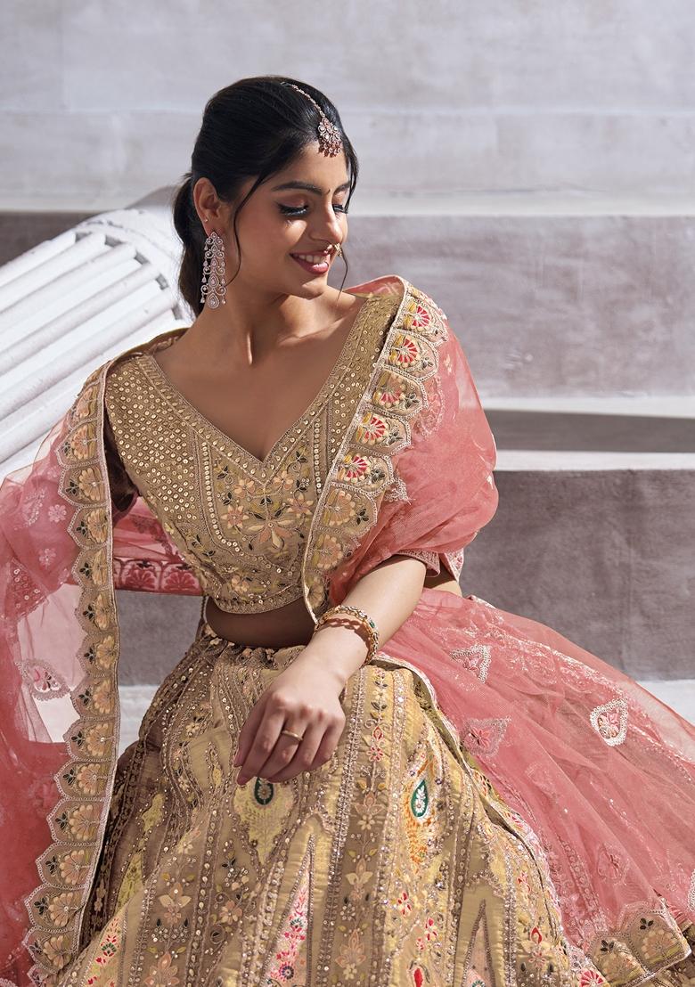 Chiku Brown Sequin Work Banarasi Silk Lehenga Set