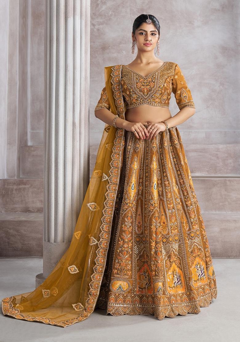 Mustard Yellow Sequin Work Banarasi Silk Lehenga Set