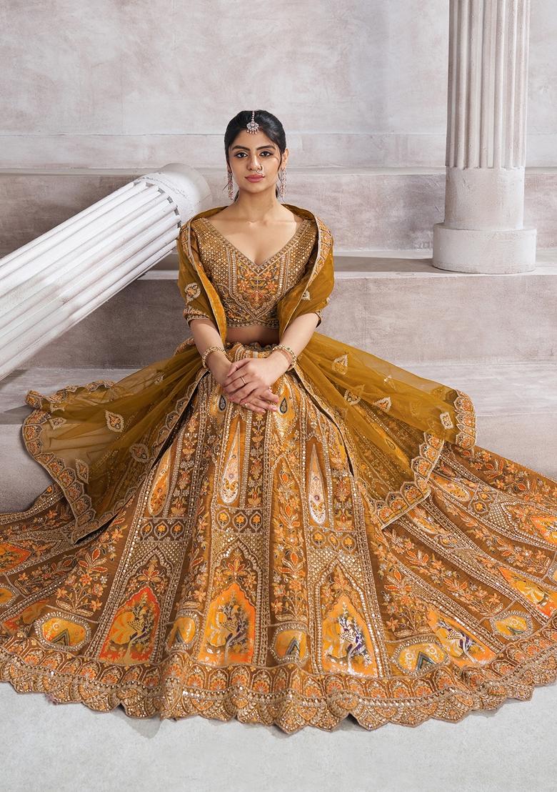 Mustard Yellow Sequin Work Banarasi Silk Lehenga Set