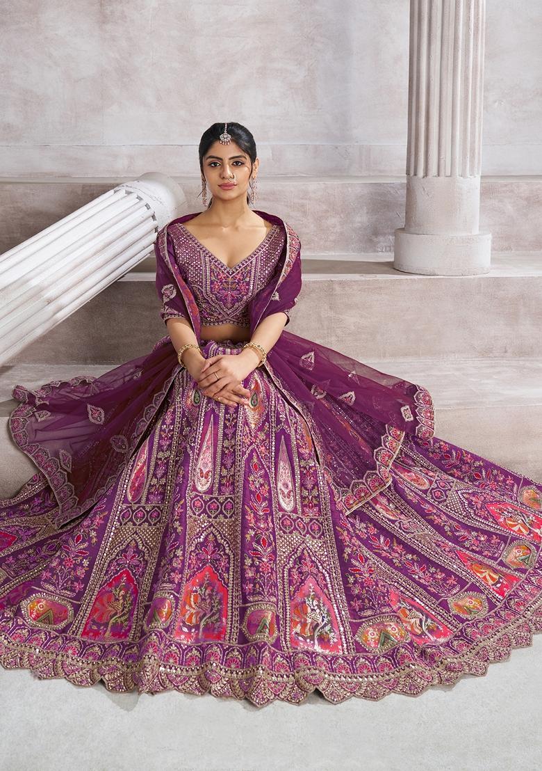 Purple Sequin Work Banarasi Silk Lehenga Set