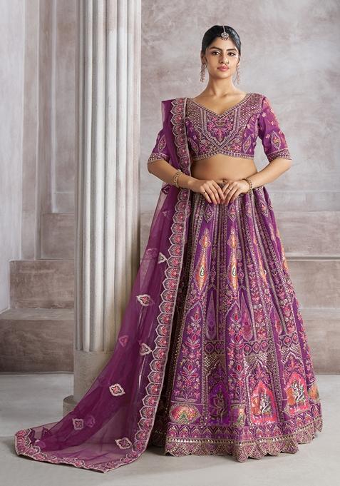 Purple Sequin Work Banarasi Silk Lehenga Set