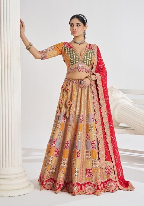 Mustard Yellow Sequin Work Dola Silk Lehenga Set