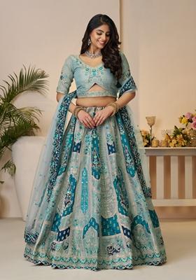 Sky Blue Zari Work Banarasi Silk Lehenga Set