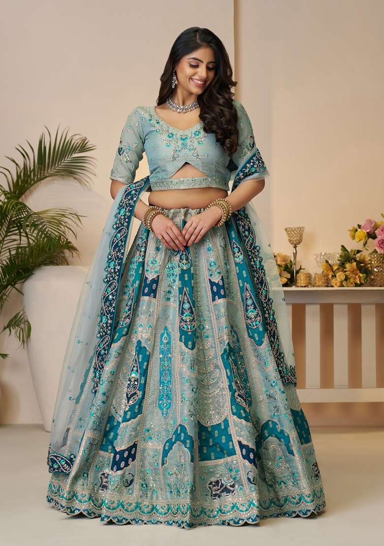 Sky Blue Zari Work Banarasi Silk Lehenga Set - Indya