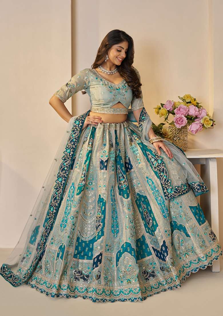 Sky Blue Zari Work Banarasi Silk Lehenga Set - Indya