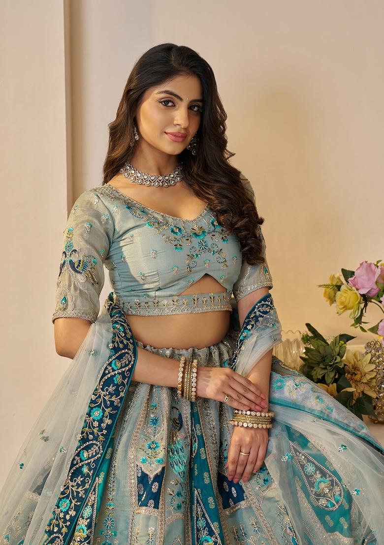 Sky Blue Zari Work Banarasi Silk Lehenga Set