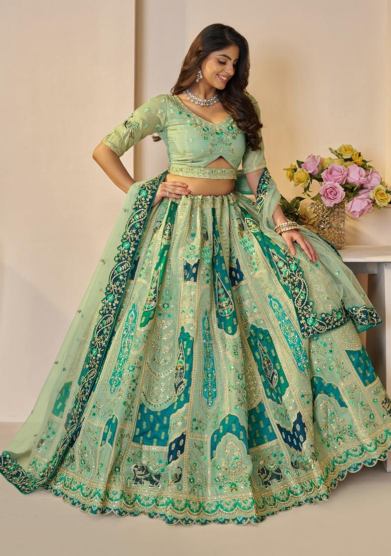 Green Zari Work Banarasi Silk Lehenga Set