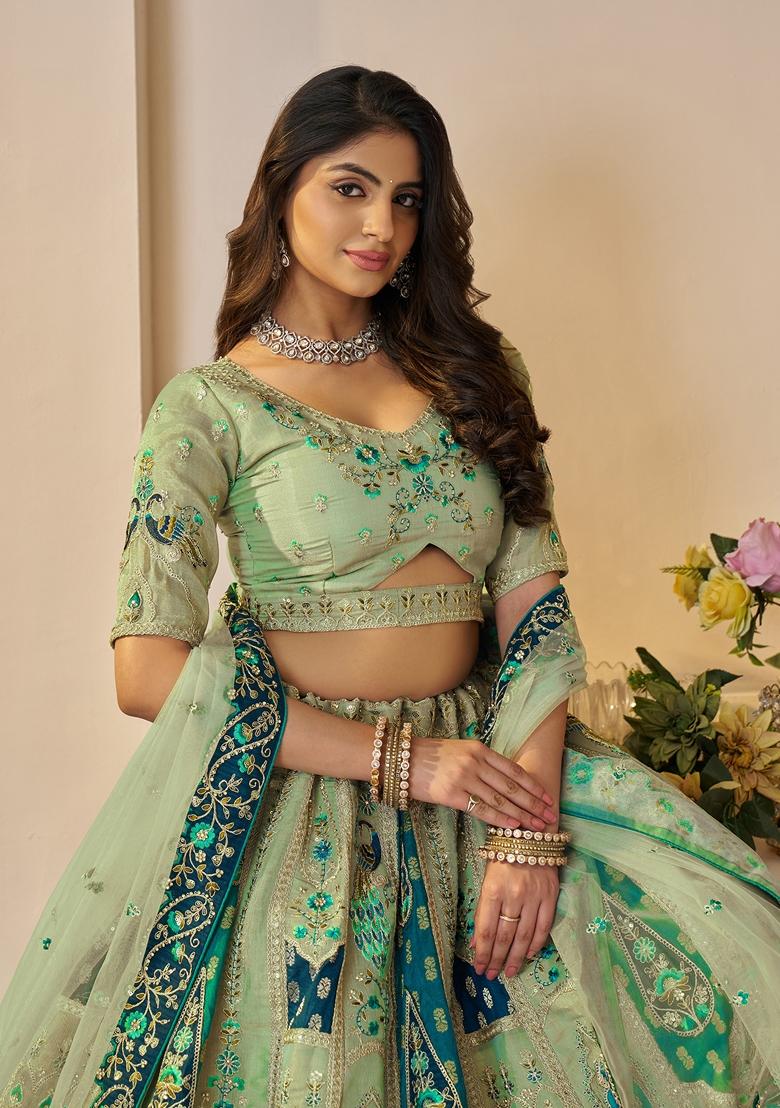 Green Zari Work Banarasi Silk Lehenga Set