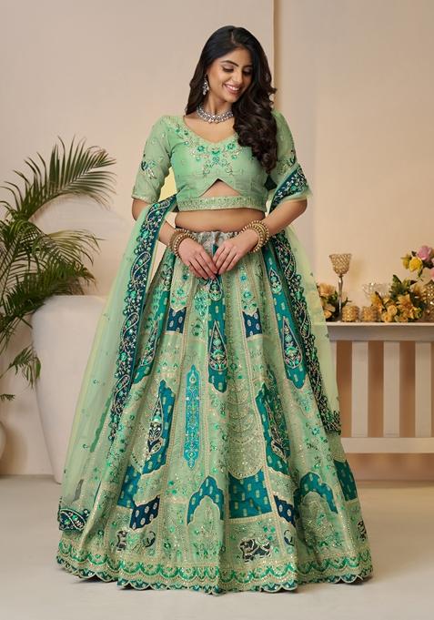 Green Zari Work Banarasi Silk Lehenga Set