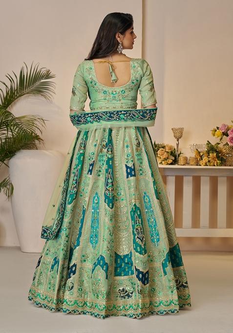 Green Zari Work Banarasi Silk Lehenga Set