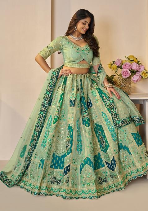 Green Zari Work Banarasi Silk Lehenga Set