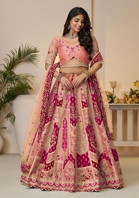 Orange Sequin Work Banarasi Silk Lehenga Set