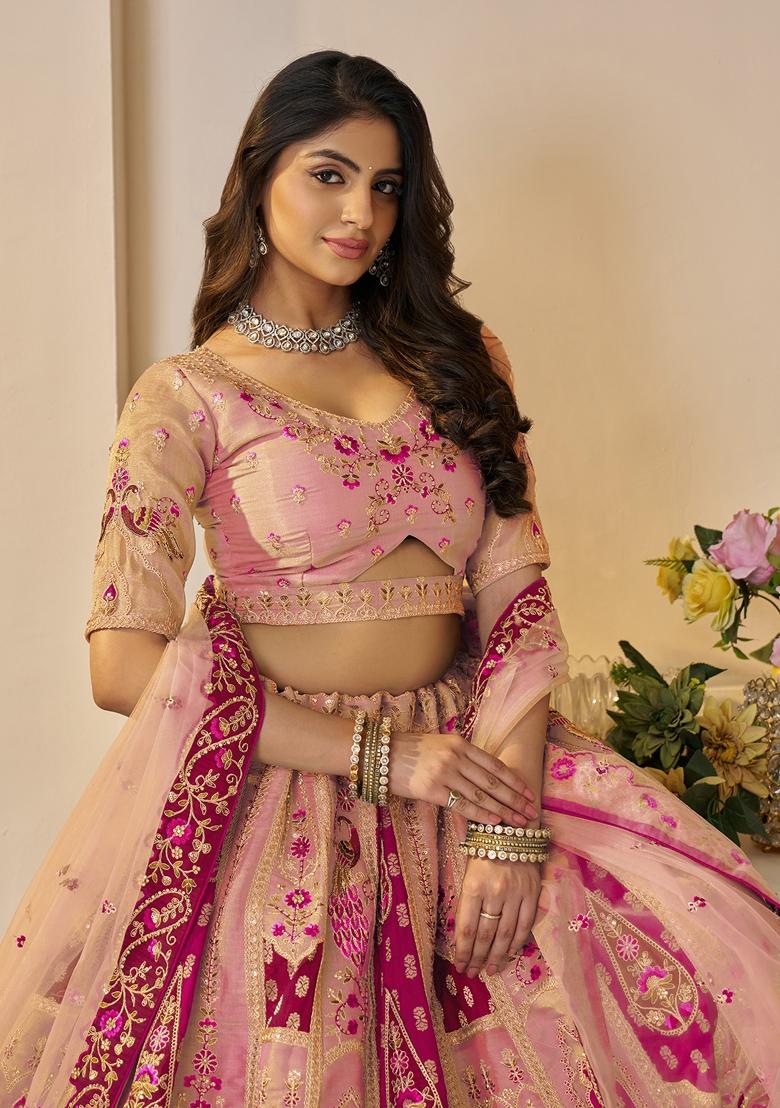 Orange Sequin Work Banarasi Silk Lehenga Set