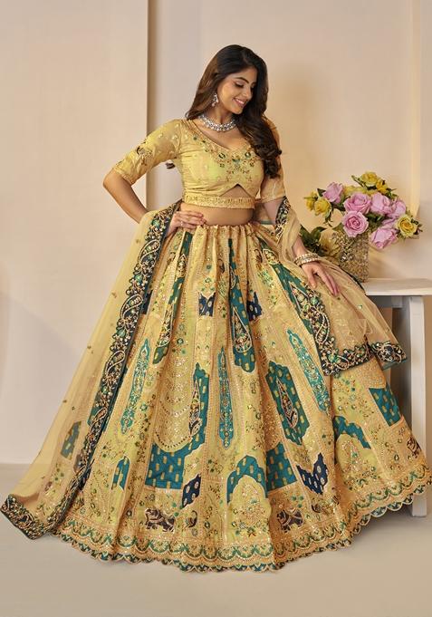 Yellow Sequin Work Net Lehenga Set