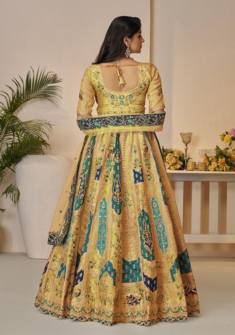 Yellow Sequin Work Net Lehenga Set