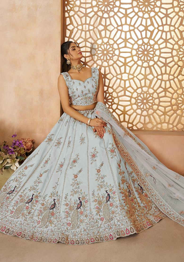 Sky Blue Sequin Work Silk Lehenga Set